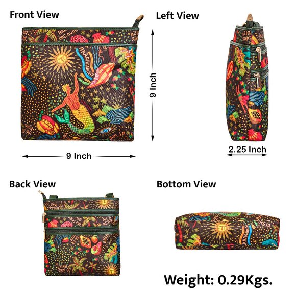 Ladies Green Printed Fabric Crossbody Sling Bag with Leather Trim–Shoulder Purse - Picture 3 of 9